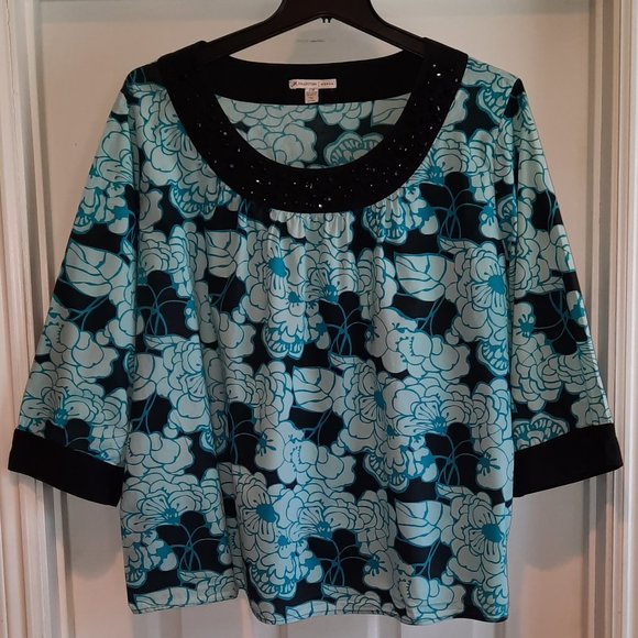 JM Collection Tops - JM Collection Black Turquoise Beaded Floral Cotton Top/Blouse Size Plus …
